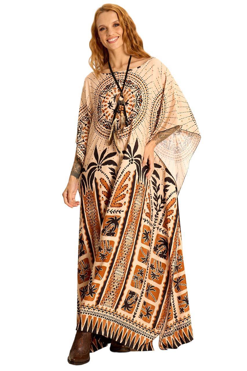 Kaftan Amplo Bege Estampado Yacamim J5