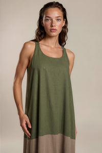 Vestido Midi Nadador Viscolinho Verde Bege Yacamim E8