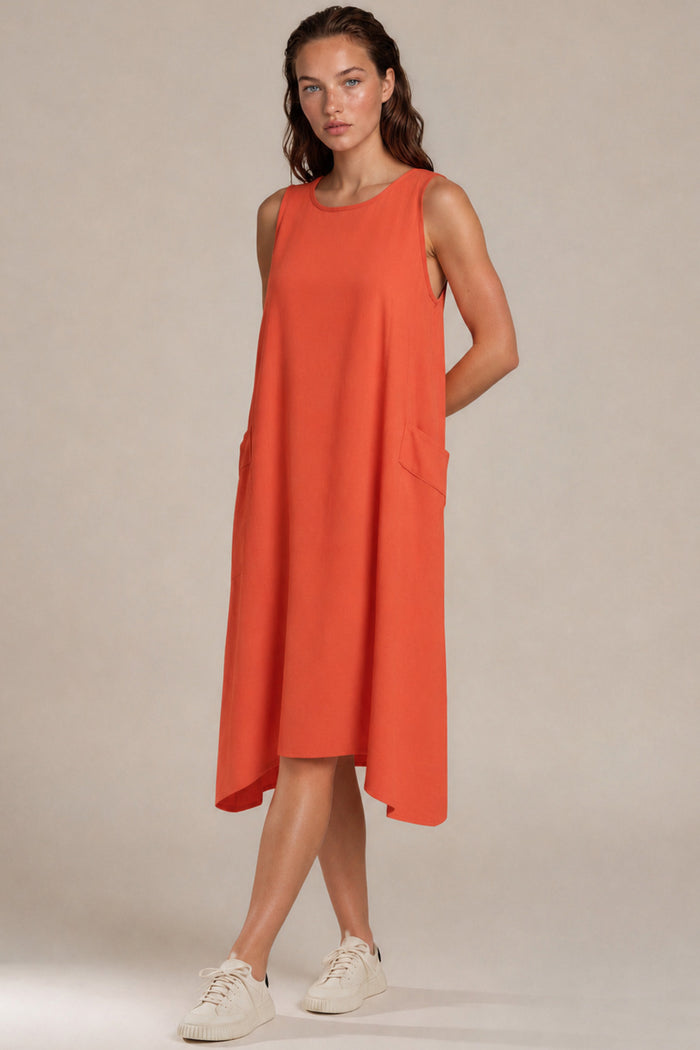 Vestido Regata Midi Viscolinho Com Bolsos Vermelho Ferrugem Yacamim D9