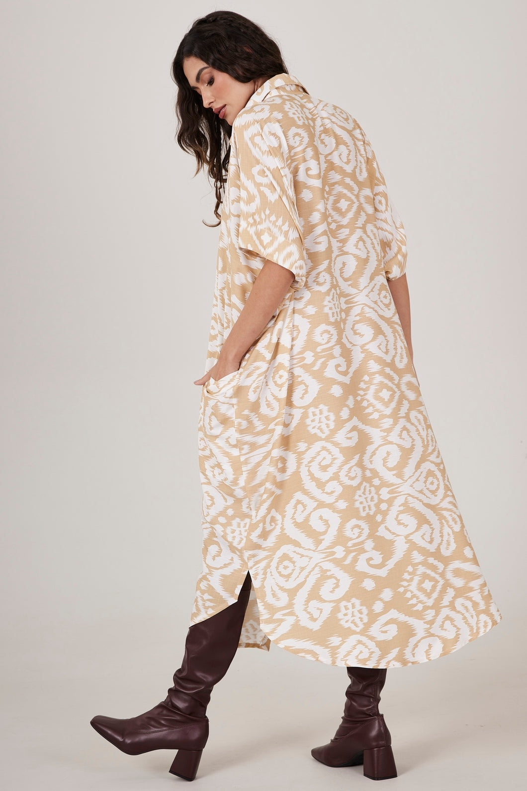 Chemise Midi Botões Mostarda Estampado Yacamim L1