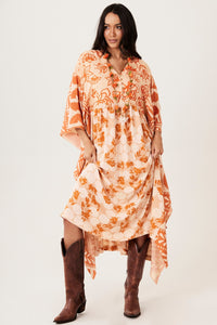 Kaftan Midi Laranja Claro Estampa Poá Yacamim J9
