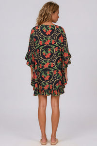 Kaftan Curto Com Babados Preto E Verde Patchwork Yacamim J2