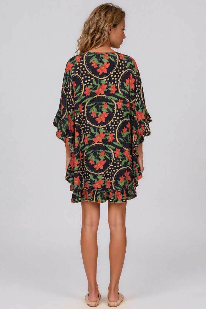 Kaftan Curto Com Babados Preto E Verde Patchwork Yacamim J2