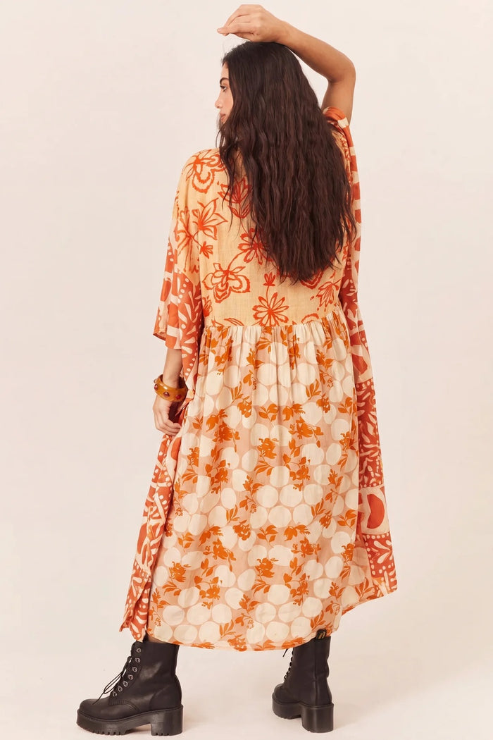 Kaftan Midi Com Manga 3/8 Laranja Patchwork Yacamim J1