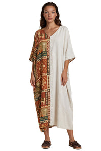 Kaftan Midi Bege Estampado Coleção Peru Yacamim K5