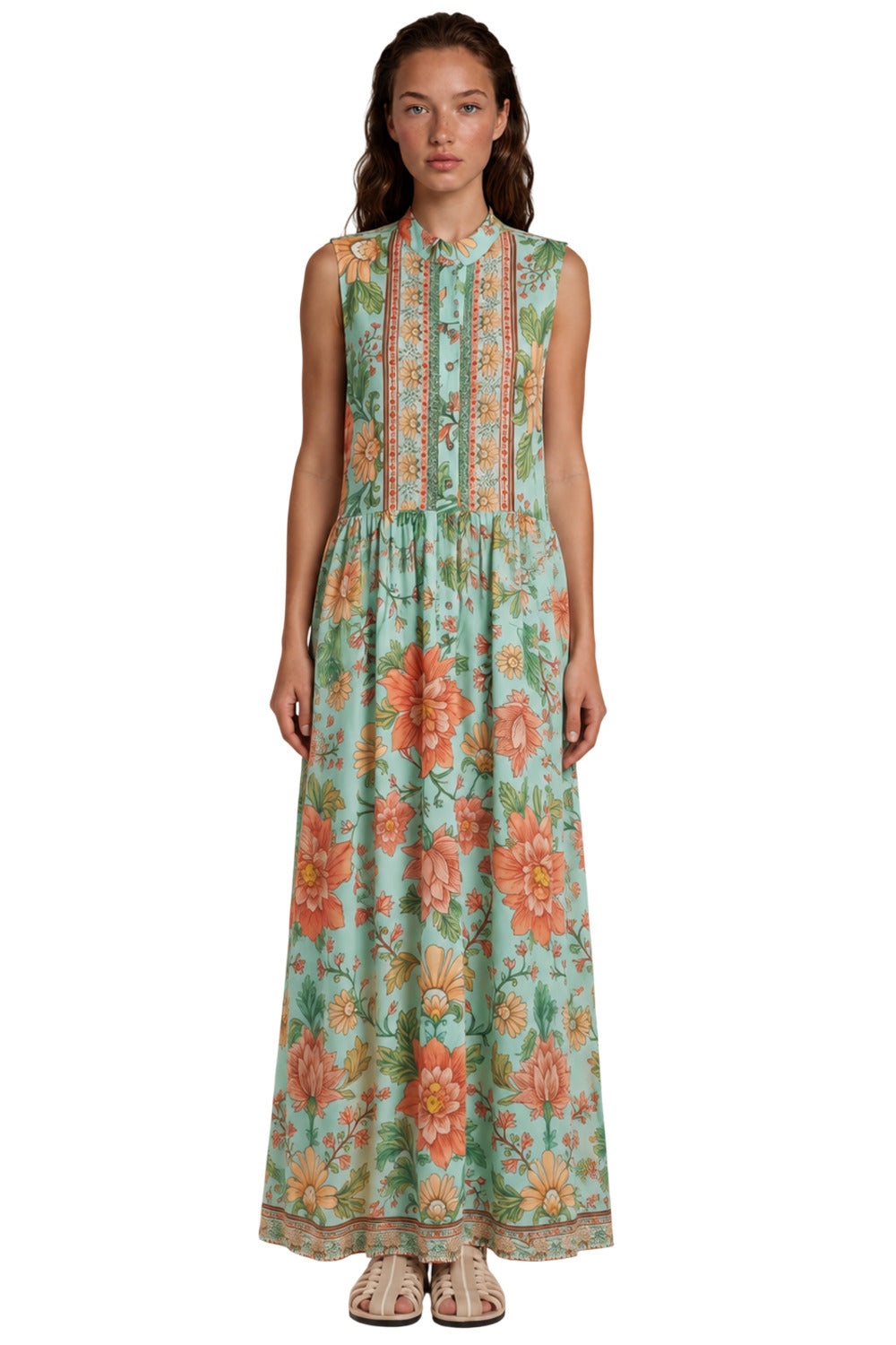 Vestido Longo Sem Mangas Com Botões Verde Pistache Floral yacamim D11