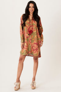 Chemise Ouro Preto 100% Algodão Verde Com Flores Laranjas Yacamim R6