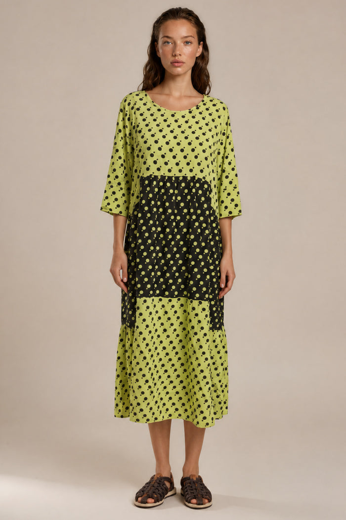 Vestido Midi Verde Estampa De Poá Patchwork Yacamim D17