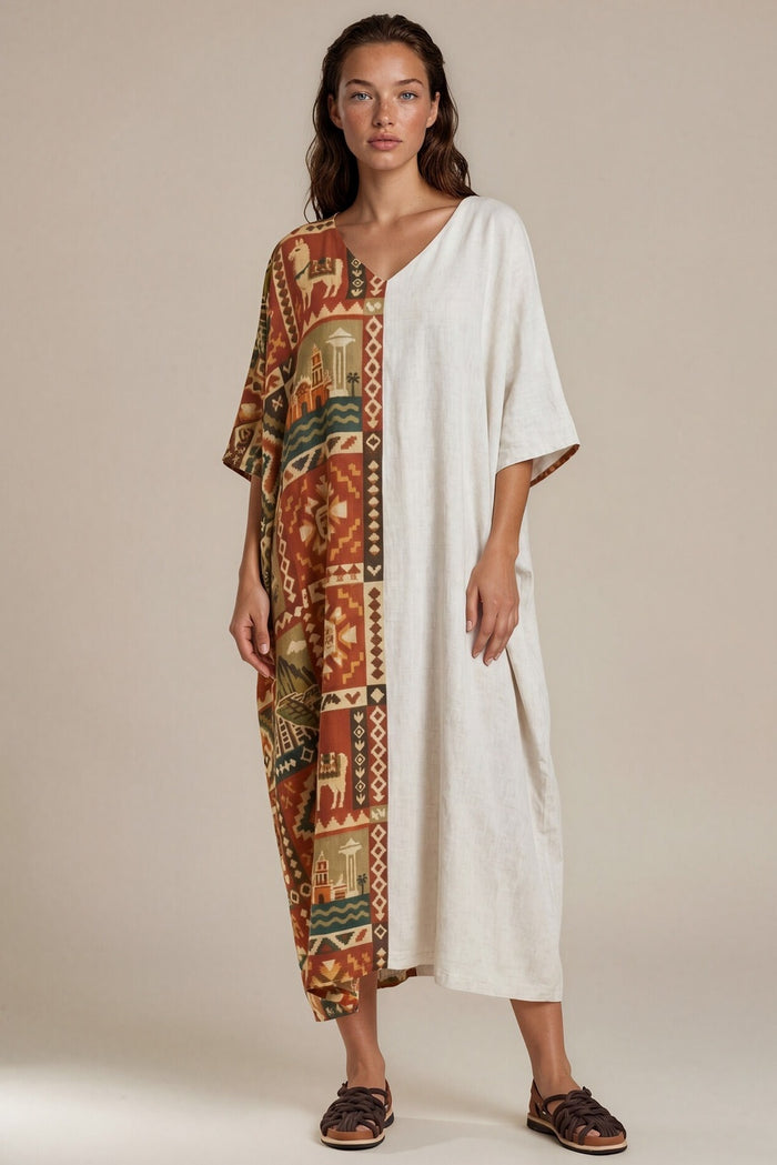 Kaftan Midi Bege Estampado Coleção Peru Yacamim K5