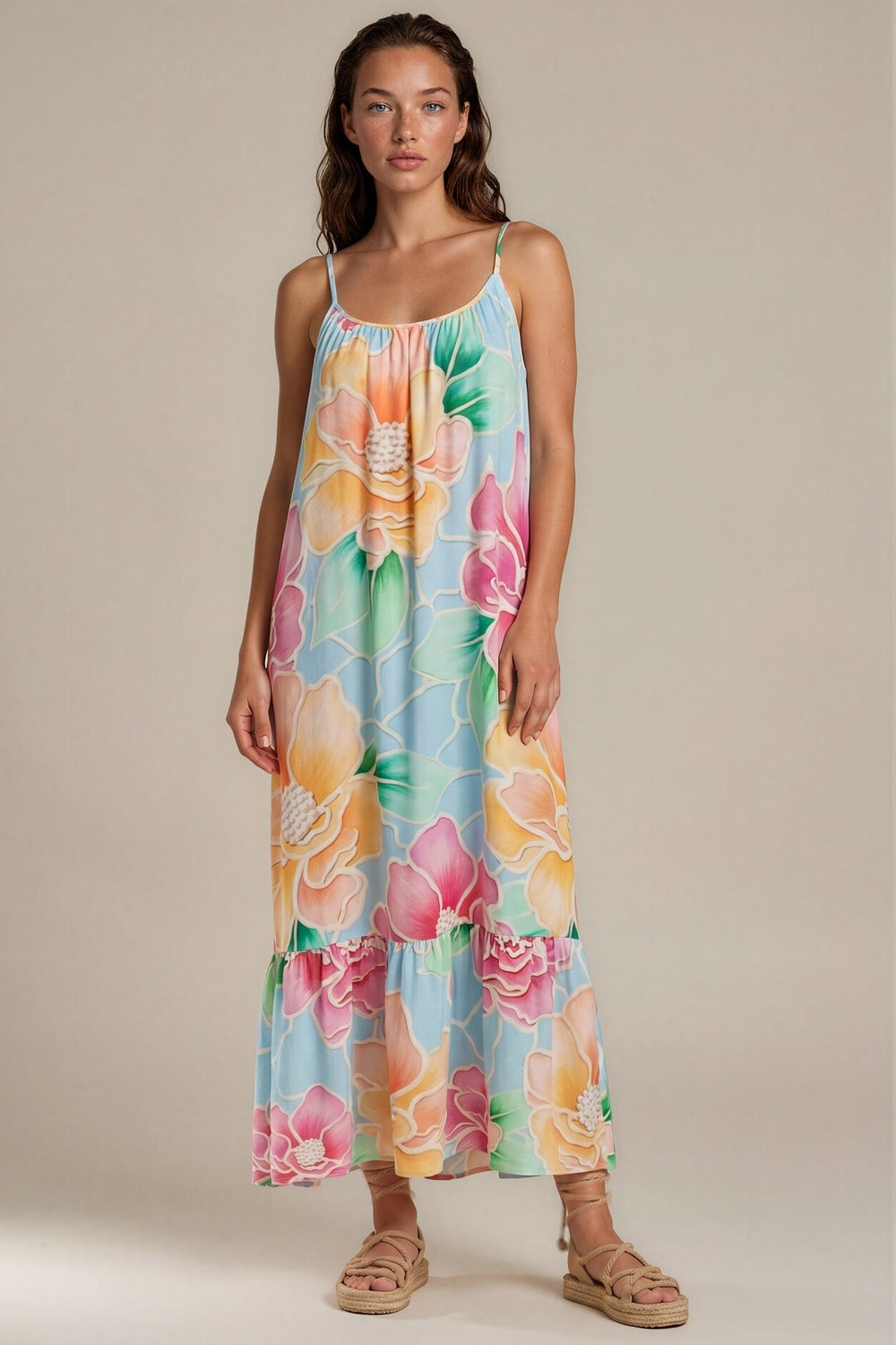 Vestido Longo De Alças Reguláveis Azul Claro Estampado Yacamim E18