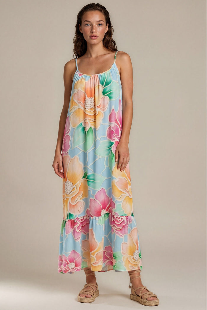 Vestido Longo De Alças Reguláveis Azul Claro Estampado Yacamim E18