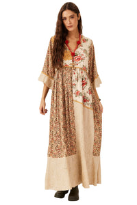 Vestido Com Jabô Bege Estampado Yacamim E18