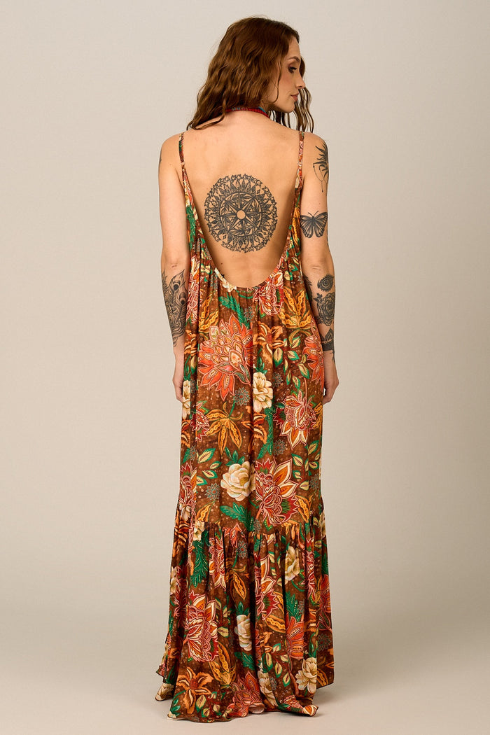 Vestido Longo De Alças Reguláveis Marrom Floral Yacamim E26