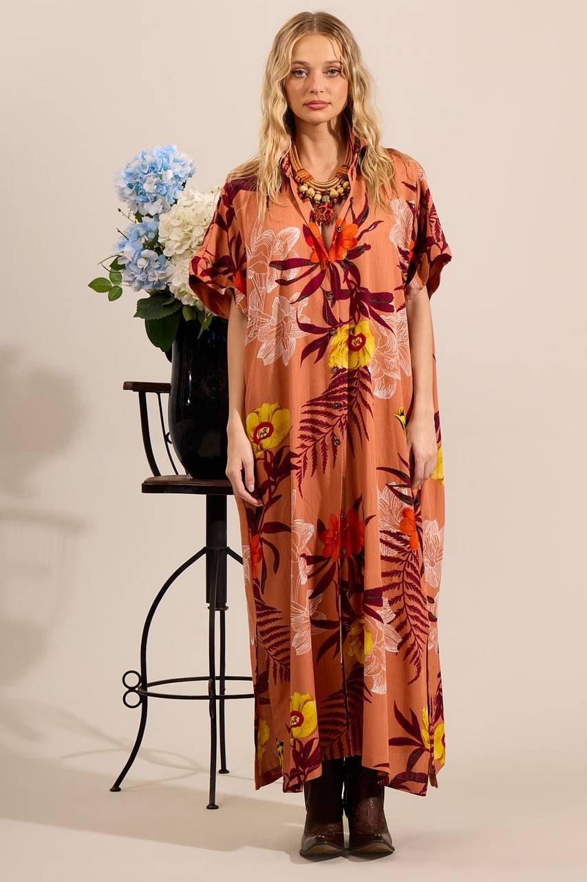 Chemise Longo Com Mangas Curtas Terracota Estampado Yacamim M1