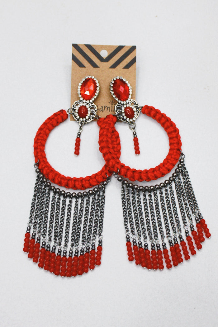 Brinco De Miçangas E Macramê Vermelho Yacamim #408