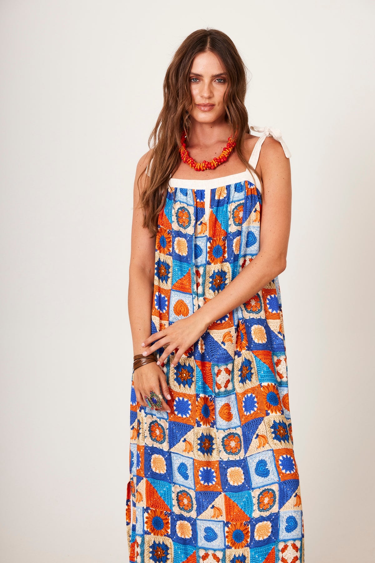 Vestido Longo Com Alças De Amarrar Estampa Geométrica Yacamim C17