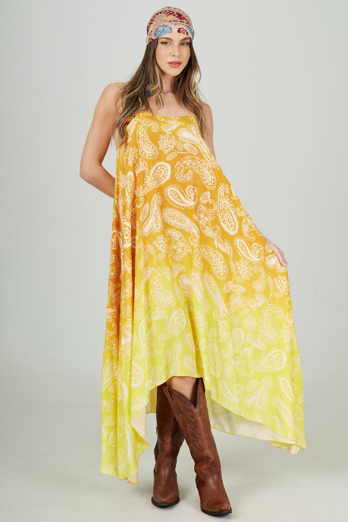 Vestido Longo Amplo Amarelo Degradê Paisley Yacamim D21