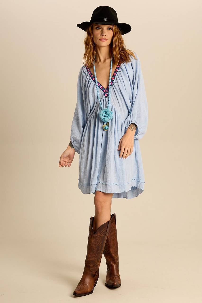 Vestido Curto Com Decote Em V E Mangas Longas Bufantes Azul Claro Yacamim E6