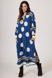 Chemise Midi Amplo Azul Escuro Estampa De Poá Yacamim N8