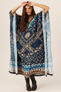 Kaftan Amplo Com Decote Azul Paisley Yacamim J8