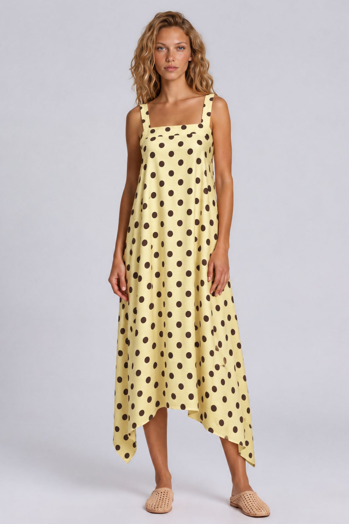 Vestido Midi Com Detalhes De Pontas Amarelo Estampa De Poá Yacamim C26
