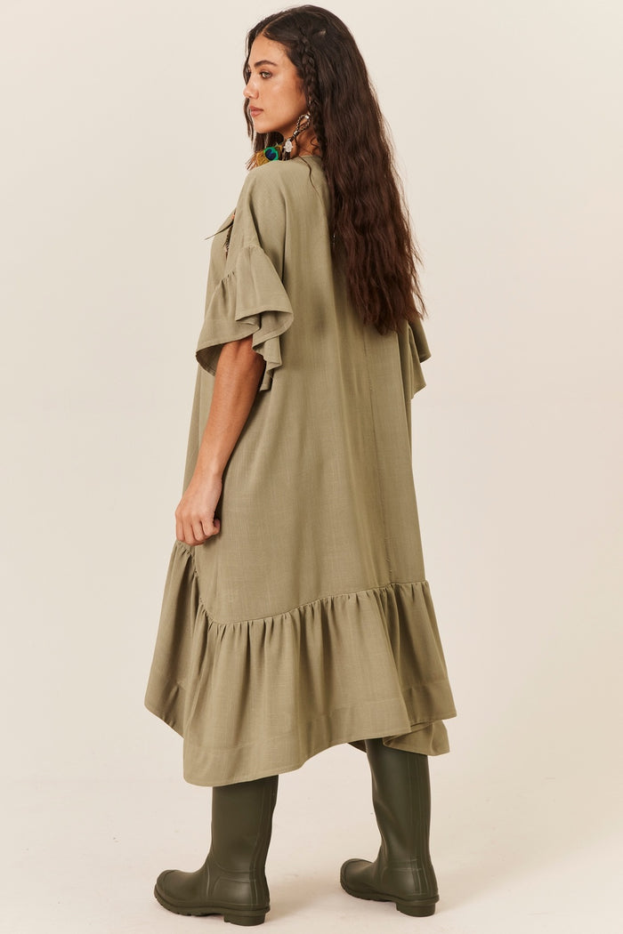 Vestido Midi De Viscolinho Com Pontas Verde Oliva Yacamim E30