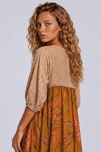 Vestido Curto Com Broderie Marrom Claro Patchwork Yacamim C17