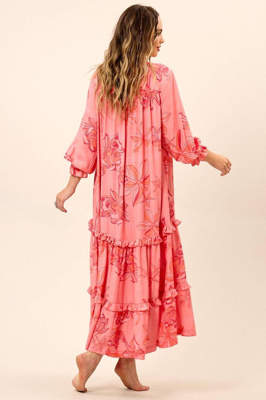 Vestido Chemise Midi Com Mangas Longas Rosa Estampado Yacamim E15