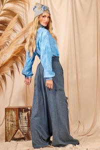 Calça Modelo Saruel De Cintura Alta Azul Mescla Yacamim H5