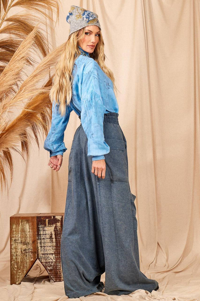 Calça Modelo Saruel De Cintura Alta Azul Mescla Yacamim H5