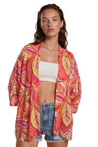Kimono Curto Com Mangas Longas Rosa Estampado Yacamim J3
