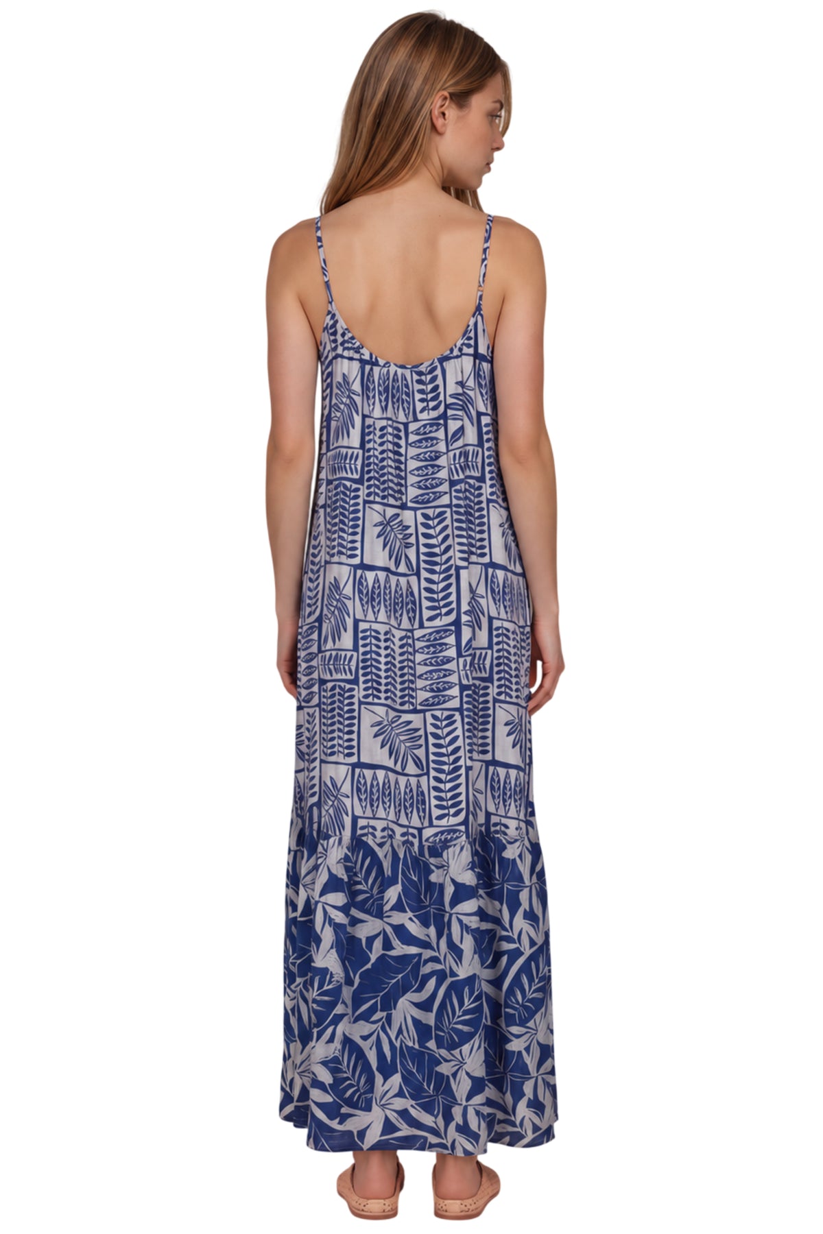 Vestido Longo Com Babado Azul Estampado Patchwork Yacamim C4