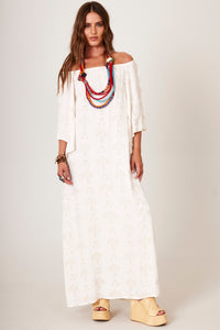 Vestido Longo De Linho Ciganinha Bege Com Flores Texturizadas Yacamim C6