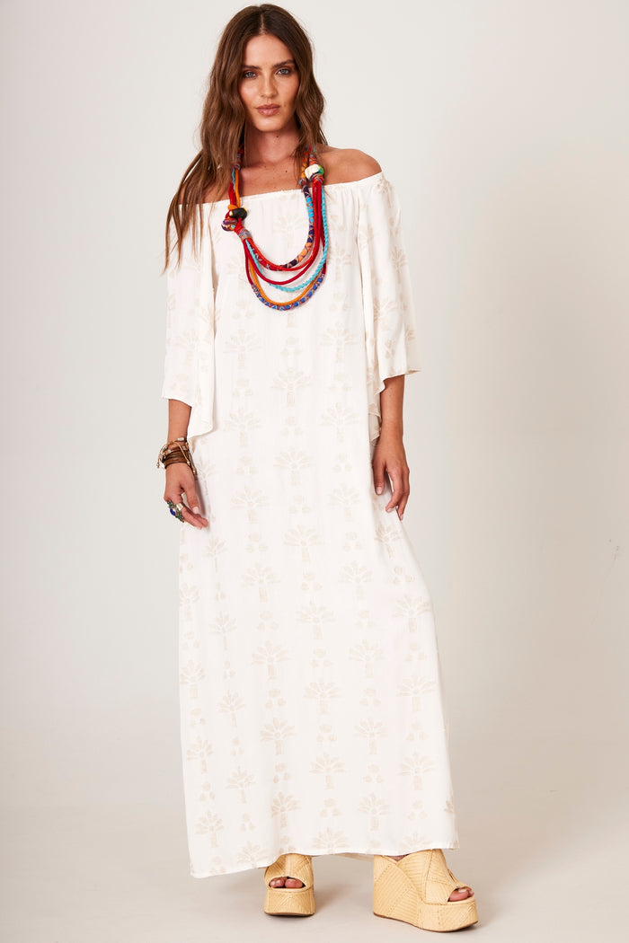 Vestido Longo De Linho Ciganinha Bege Com Flores Texturizadas Yacamim C6