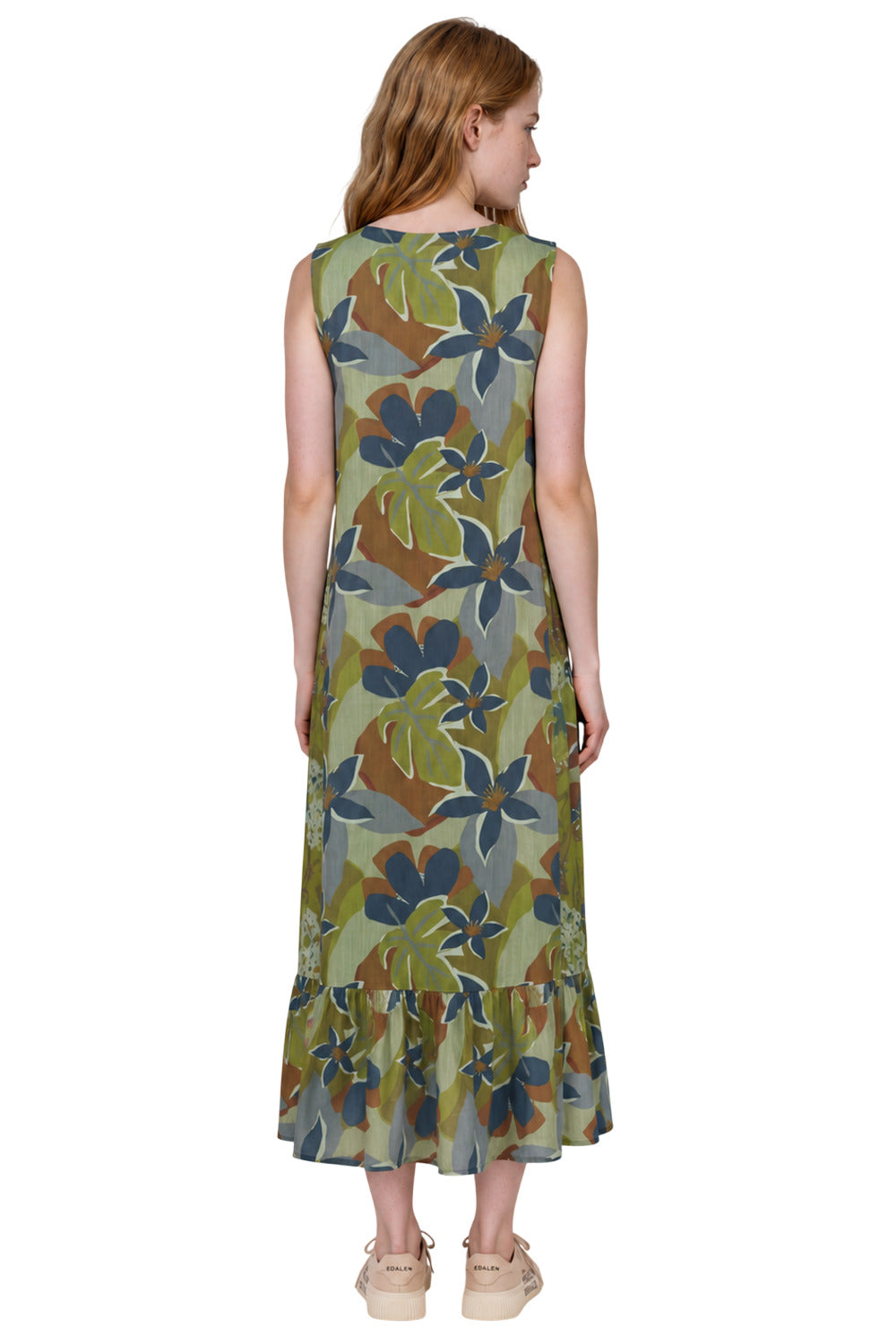 Vestido Regata Midi Com Babado Na Barra Verde Estampado Yacamim E3