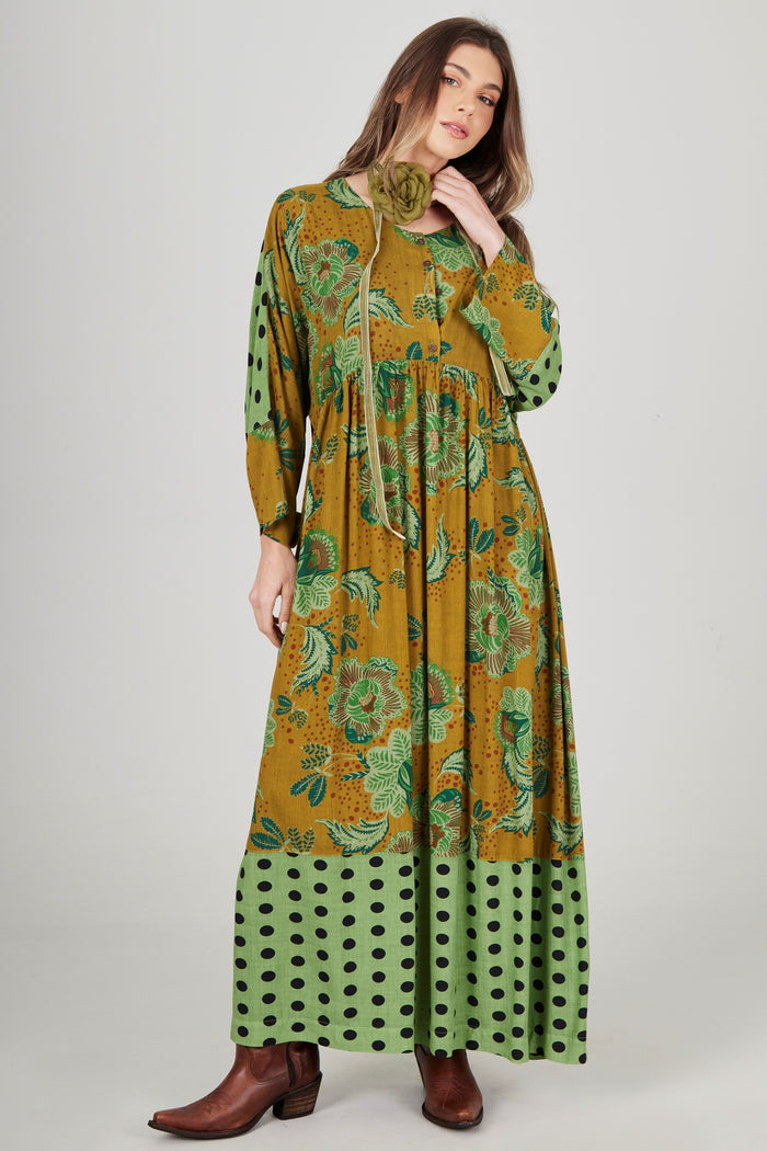 Vestido Midi Amplo Verde Estampado Patchwork Yacamim E7
