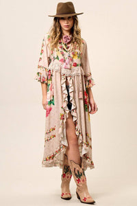 Vestido Com Abertura Frontal Bege Estampado Yacamim D3