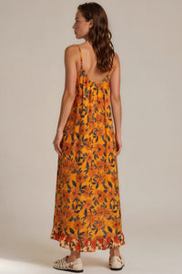 Vestido Midi De Alças Reguláveis Laranja Floral Patchwork Yacamim E7