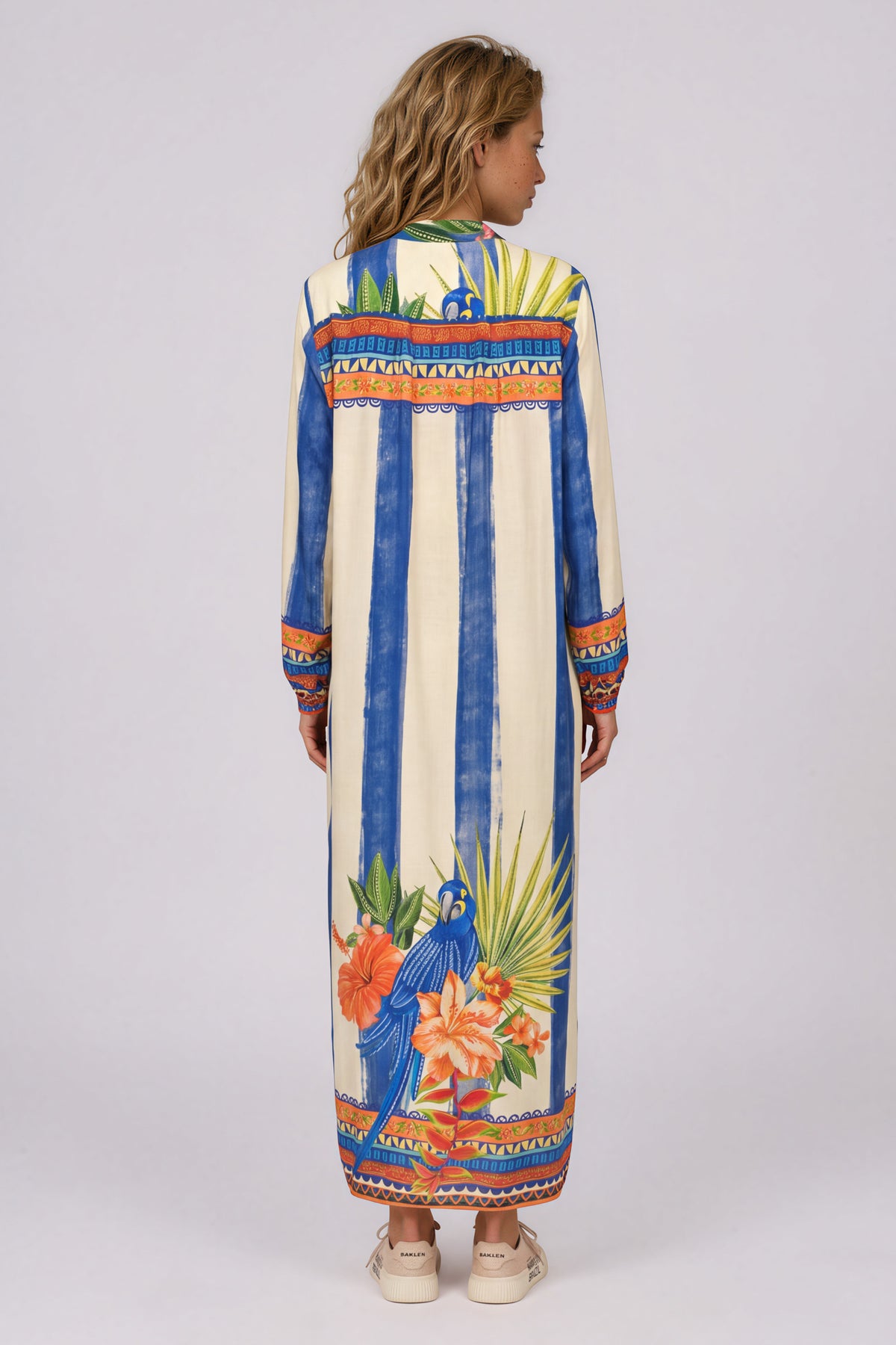Chemise Longa Ampla Azul E Bege Listrado Estampado Manacá Yacamim M1