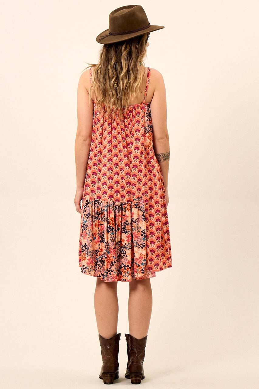 Vestido Curto De Alças Reguláveis Salmão Patchwork Yacamim E2