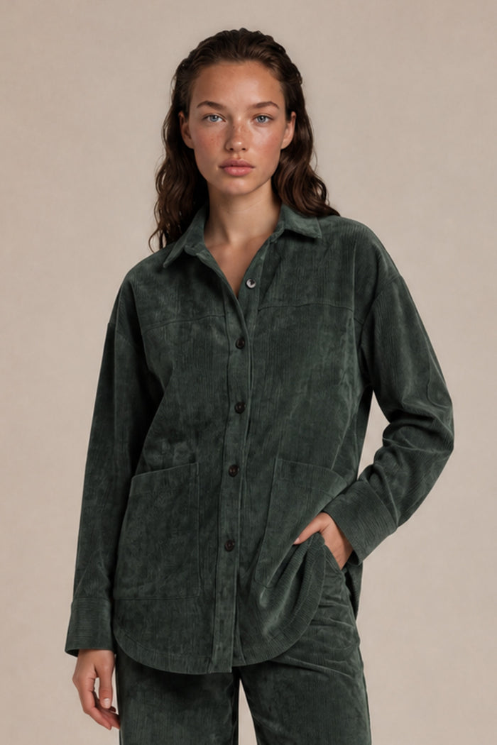 Camisa Ampla De Veludo Cotelê Verde Escuro Yacamim