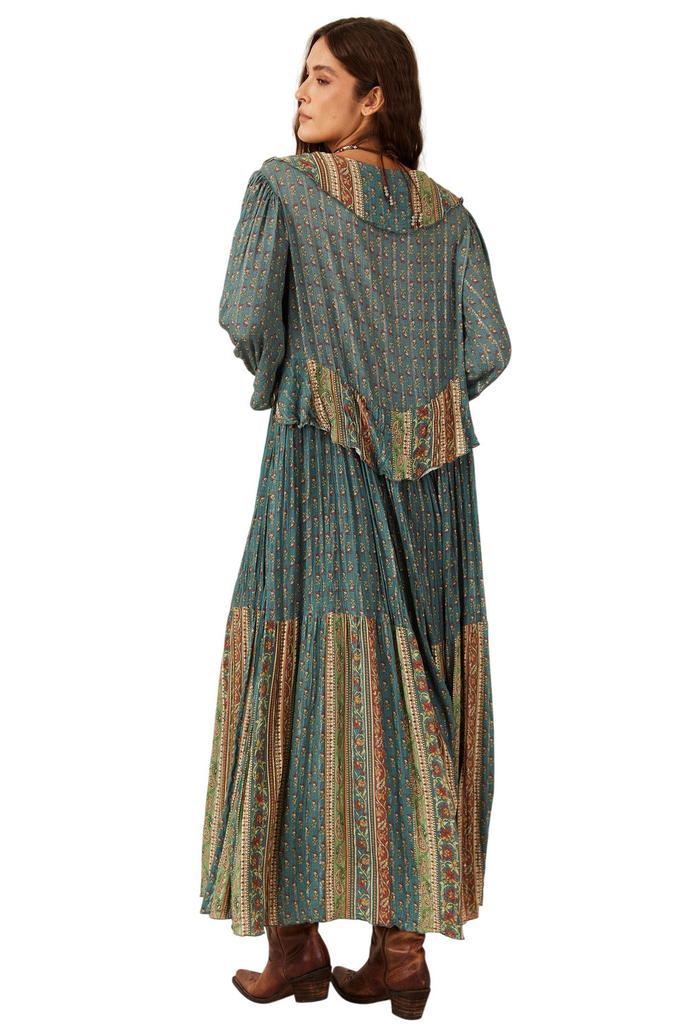 Vestido Longo Com Lurex Babados Verde Yacamim C1