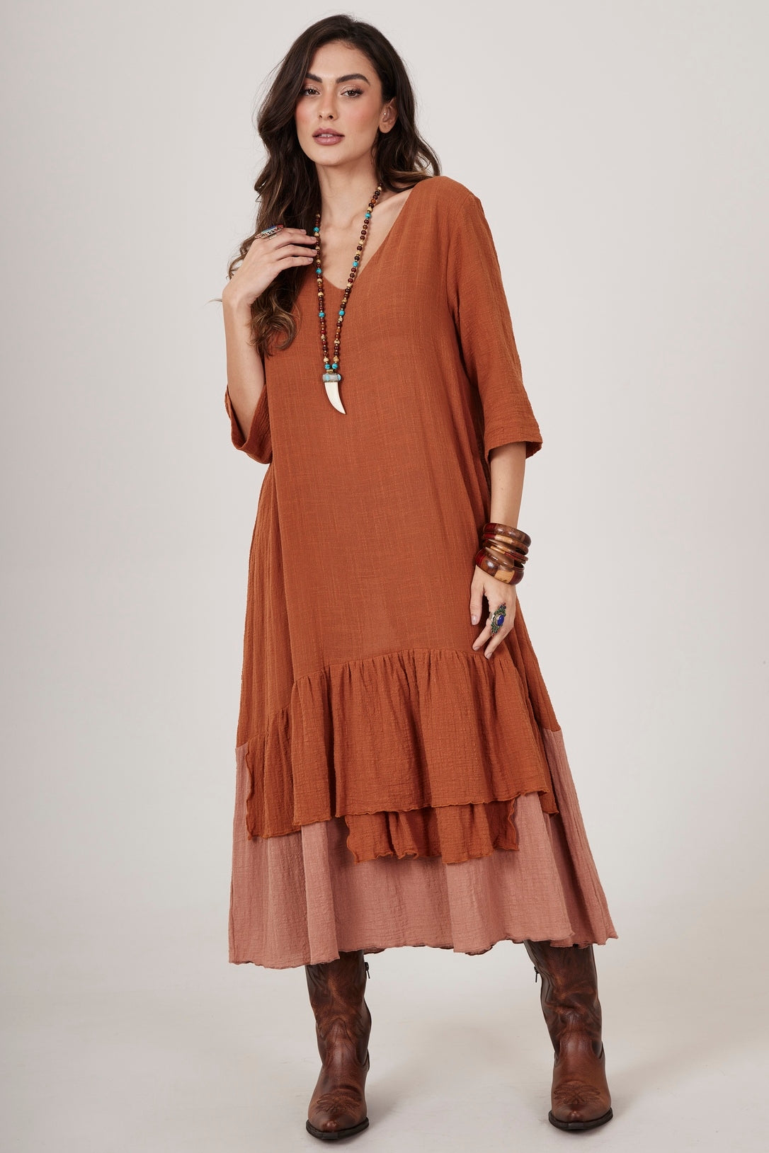 Vestido Midi Caramelo Escuro Yacamim C22