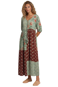 Vestido Midi Com Recortes Verde E Marrom Patchwork De Poá Yacamim E14