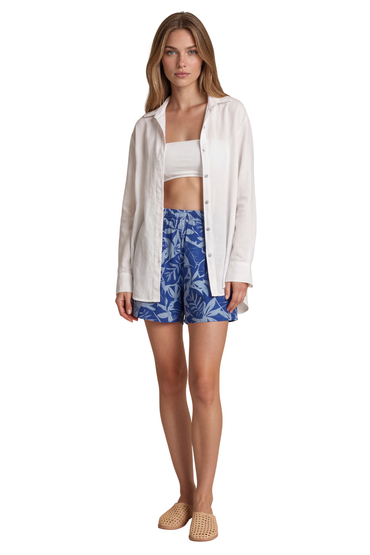 Shorts Com Elástico E Bolsos Azul Estampado Yacamim T6