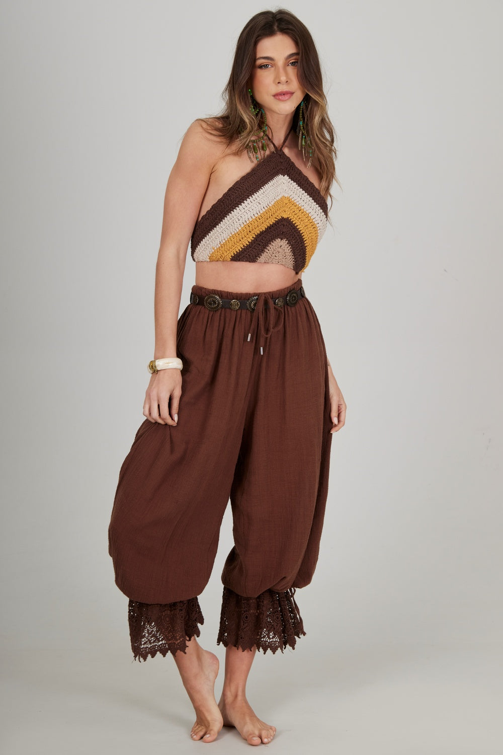Calça Marrocos Com Rendas Marrom Yacamim G6