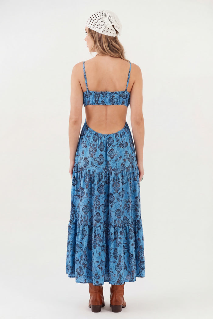 Vestido Longo Azul Estampa Paisley Yacamim E5