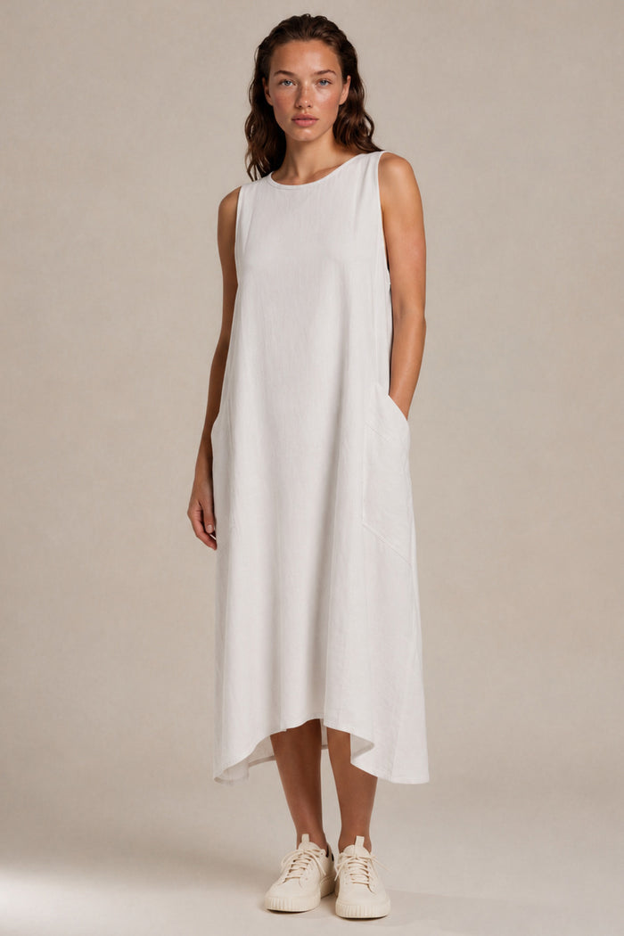 Vestido Regata Midi Viscolinho Com Bolsos Cinza Claro Yacamim E14