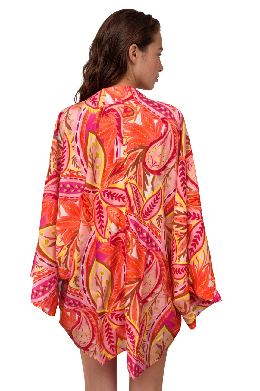 Kimono Curto Com Mangas Longas Rosa Estampado Yacamim J3