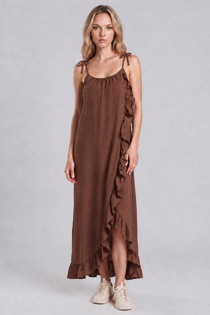 Vestido Mullet Com Babados Marrom Yacamim C20